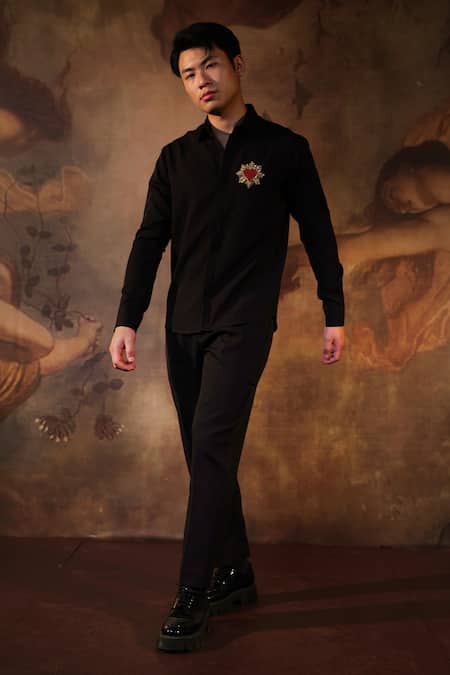 Shop_House Of Koa_Black Crepe Embroidered Thread Love Struck Shirt _at_Aza_Fashions