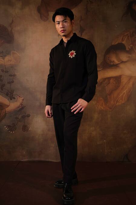 House Of Koa_Black Crepe Embroidered Thread Love Struck Shirt _Online_at_Aza_Fashions