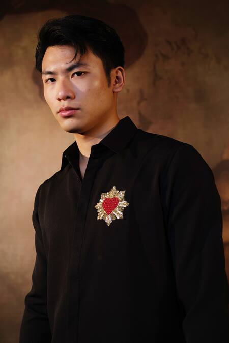 Buy_House Of Koa_Black Crepe Embroidered Thread Love Struck Shirt _Online_at_Aza_Fashions