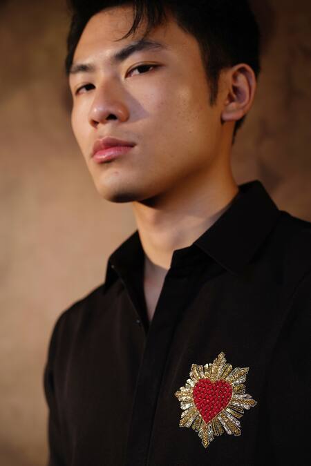 Shop_House Of Koa_Black Crepe Embroidered Thread Love Struck Shirt _Online_at_Aza_Fashions