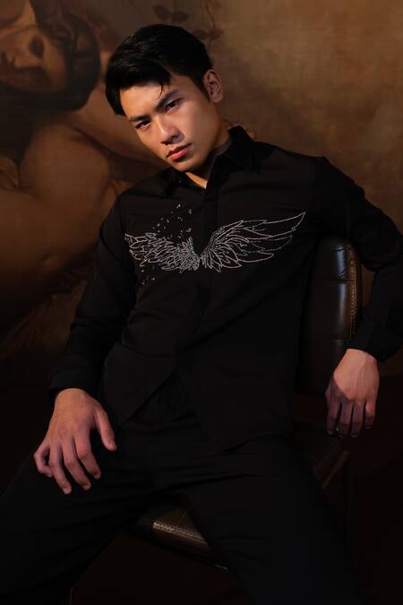 Shop_House Of Koa_Black Crepe Embroidered Bead Wings Of Time Glassbead Shirt _at_Aza_Fashions