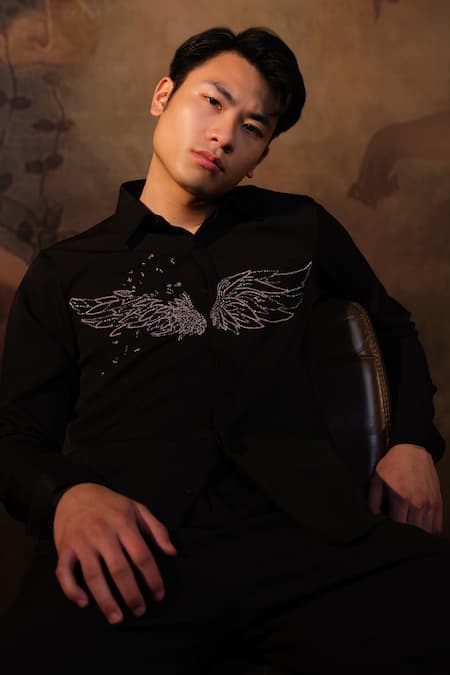 House Of Koa_Black Crepe Embroidered Bead Wings Of Time Glassbead Shirt _Online_at_Aza_Fashions