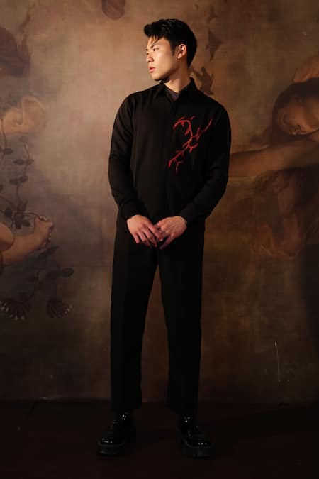 Shop House Of Koa Black Crepe Embroidered Glassbead Love Is On Fire Shirt at Aza Fashions Shop_House Of Koa_Black Crepe Embroidered Glassbead Love Is On Fire Shirt _at_Aza_Fashions