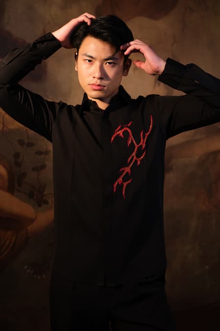 House Of Koa Black Crepe Embroidered Glassbead Love Is On Fire Shirt Online at Aza Fashions House Of Koa_Black Crepe Embroidered Glassbead Love Is On Fire Shirt _Online_at_Aza_Fashions