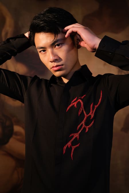 Buy House Of Koa Black Crepe Embroidered Glassbead Love Is On Fire Shirt Online at Aza Fashions Buy_House Of Koa_Black Crepe Embroidered Glassbead Love Is On Fire Shirt _Online_at_Aza_Fashions