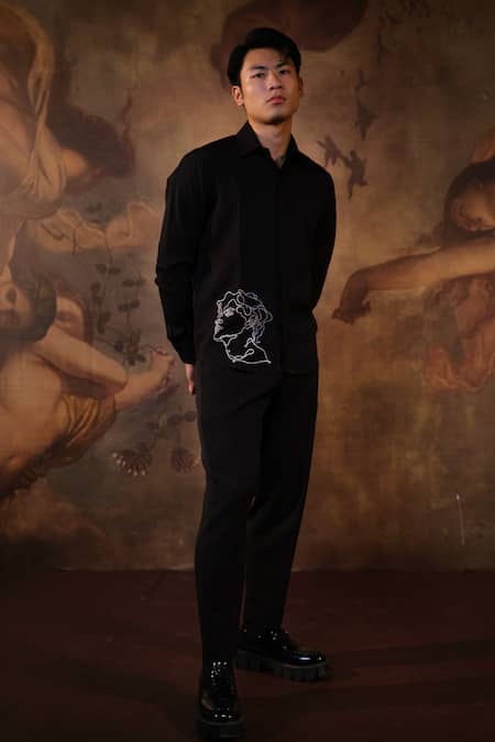 Shop House Of Koa Black Crepe Embroidered Thread Masterpiece Shirt at Aza Fashions Shop_House Of Koa_Black Crepe Embroidered Thread Masterpiece Shirt _at_Aza_Fashions