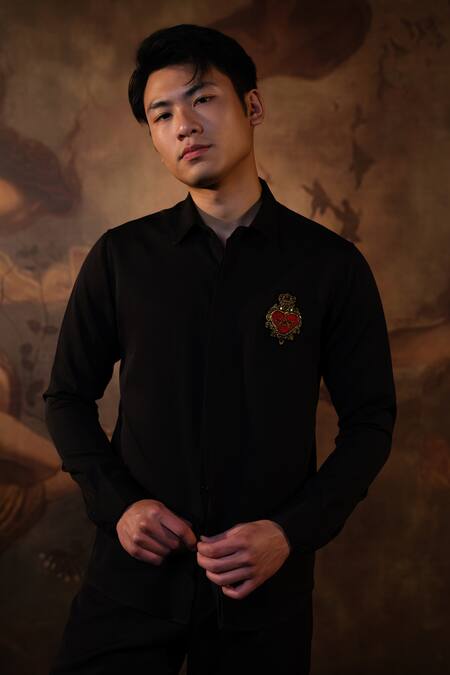 Shop House Of Koa Black Crepe Embroidered Thread Timeless Love Shirt at Aza Fashions Shop_House Of Koa_Black Crepe Embroidered Thread Timeless Love Shirt _at_Aza_Fashions