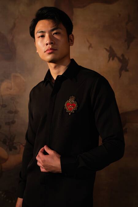 House Of Koa Black Crepe Embroidered Thread Timeless Love Shirt Online at Aza Fashions House Of Koa_Black Crepe Embroidered Thread Timeless Love Shirt _Online_at_Aza_Fashions