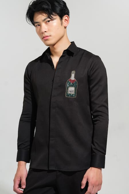 Shop House Of Koa Black Italian Banana Crepe Embroidery Champagne Bottle Shirt at Aza Fashions Shop_House Of Koa_Black Italian Banana Crepe Embroidery Champagne Bottle Shirt _at_Aza_Fashions
