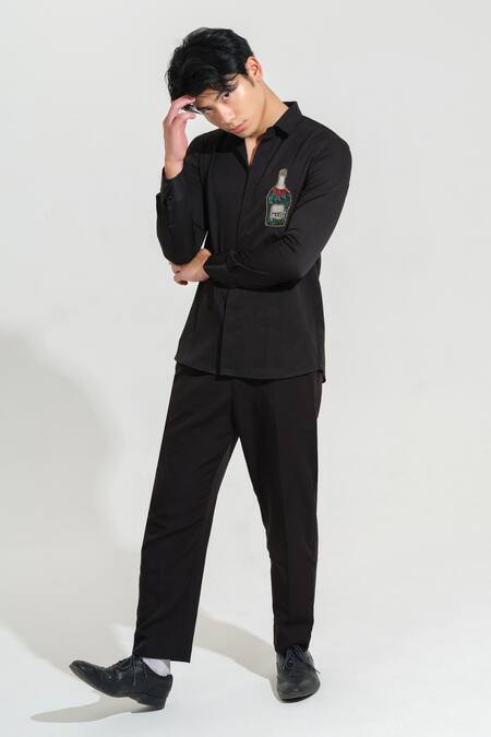 House Of Koa Black Italian Banana Crepe Embroidery Champagne Bottle Shirt Online at Aza Fashions House Of Koa_Black Italian Banana Crepe Embroidery Champagne Bottle Shirt _Online_at_Aza_Fashions