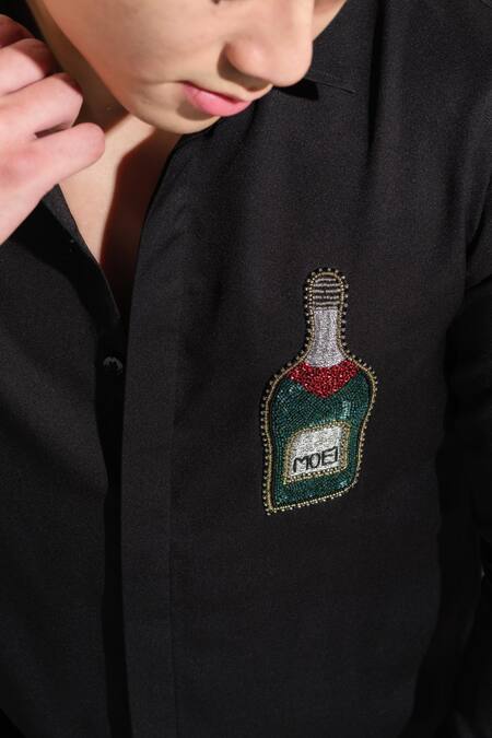 Buy House Of Koa Black Italian Banana Crepe Embroidery Champagne Bottle Shirt Online at Aza Fashions Buy_House Of Koa_Black Italian Banana Crepe Embroidery Champagne Bottle Shirt _Online_at_Aza_Fashions