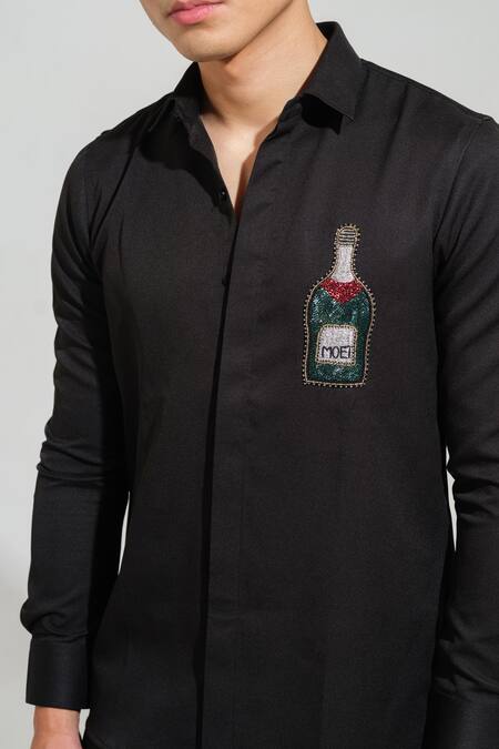 Shop House Of Koa Black Italian Banana Crepe Embroidery Champagne Bottle Shirt Online at Aza Fashions Shop_House Of Koa_Black Italian Banana Crepe Embroidery Champagne Bottle Shirt _Online_at_Aza_Fashions