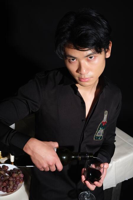 House Of Koa Black Italian Banana Crepe Embroidery Champagne Bottle Shirt at Aza Fashions House Of Koa_Black Italian Banana Crepe Embroidery Champagne Bottle Shirt _at_Aza_Fashions