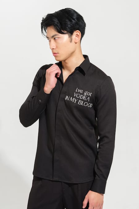 Shop House Of Koa Black Italian Banana Crepe Embroidery Vodka In My Blood Shirt at Aza Fashions Shop_House Of Koa_Black Italian Banana Crepe Embroidery Vodka In My Blood Shirt _at_Aza_Fashions