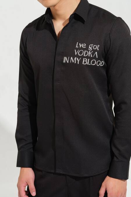 House Of Koa Black Italian Banana Crepe Embroidery Vodka In My Blood Shirt Online at Aza Fashions House Of Koa_Black Italian Banana Crepe Embroidery Vodka In My Blood Shirt _Online_at_Aza_Fashions