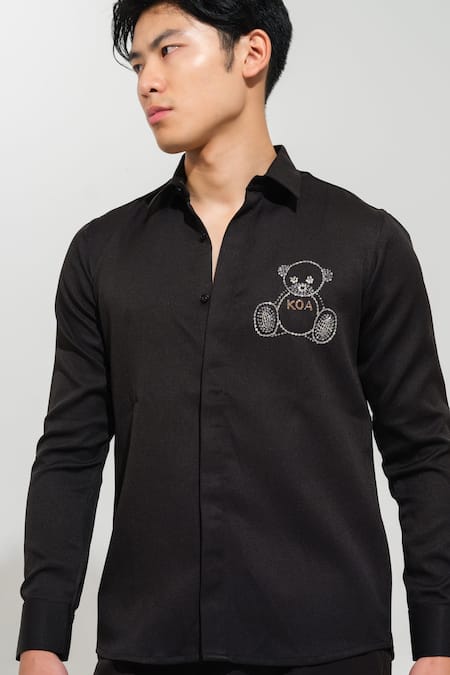 Shop House Of Koa Black Italian Banana Crepe Embroidery Teddy Bear Shirt at Aza Fashions Shop_House Of Koa_Black Italian Banana Crepe Embroidery Teddy Bear Shirt _at_Aza_Fashions
