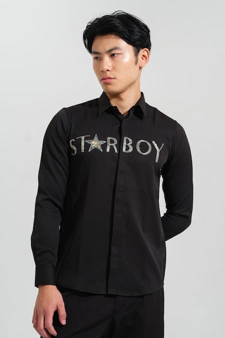 Shop House Of Koa Black Italian Banana Crepe Embroidery Starboy Shirt at Aza Fashions Shop_House Of Koa_Black Italian Banana Crepe Embroidery Starboy Shirt _at_Aza_Fashions