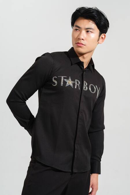 House Of Koa Black Italian Banana Crepe Embroidery Starboy Shirt Online at Aza Fashions House Of Koa_Black Italian Banana Crepe Embroidery Starboy Shirt _Online_at_Aza_Fashions