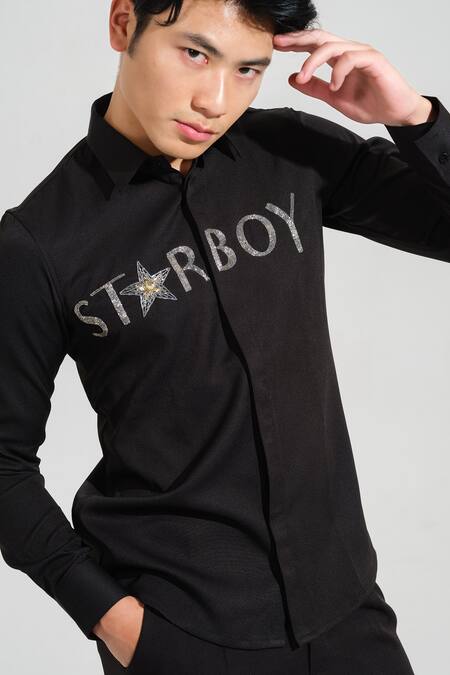 Shop House Of Koa Black Italian Banana Crepe Embroidery Starboy Shirt Online at Aza Fashions Shop_House Of Koa_Black Italian Banana Crepe Embroidery Starboy Shirt _Online_at_Aza_Fashions