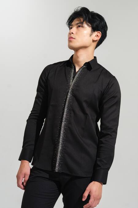 House Of Koa Black Italian Banana Crepe Embroidery Sprinkle Placket Shirt Online at Aza Fashions House Of Koa_Black Italian Banana Crepe Embroidery Sprinkle Placket Shirt _Online_at_Aza_Fashions