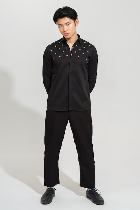 House of KOA Black Italian Banana Crepe Embroidery Small Star Shirt 