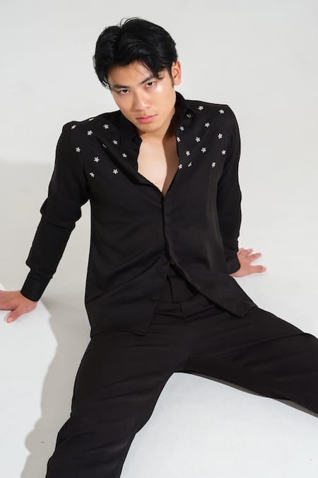 Shop House Of Koa Black Italian Banana Crepe Embroidery Small Star Shirt at Aza Fashions Shop_House Of Koa_Black Italian Banana Crepe Embroidery Small Star Shirt _at_Aza_Fashions