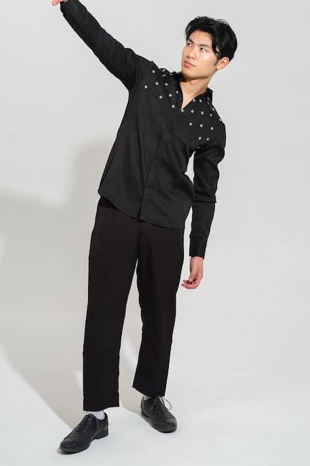 House Of Koa Black Italian Banana Crepe Embroidery Small Star Shirt Online at Aza Fashions House Of Koa_Black Italian Banana Crepe Embroidery Small Star Shirt _Online_at_Aza_Fashions