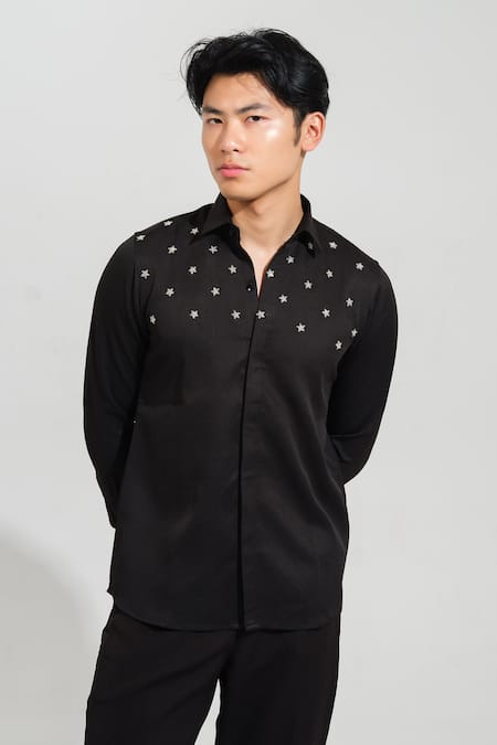 Buy House Of Koa Black Italian Banana Crepe Embroidery Small Star Shirt Online at Aza Fashions Buy_House Of Koa_Black Italian Banana Crepe Embroidery Small Star Shirt _Online_at_Aza_Fashions