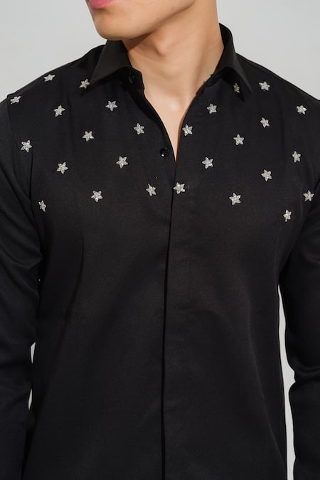 Shop House Of Koa Black Italian Banana Crepe Embroidery Small Star Shirt Online at Aza Fashions Shop_House Of Koa_Black Italian Banana Crepe Embroidery Small Star Shirt _Online_at_Aza_Fashions