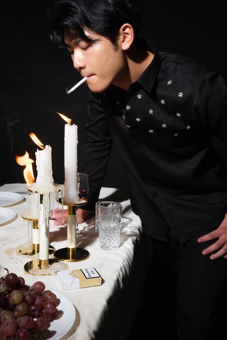 House Of Koa Black Italian Banana Crepe Embroidery Small Star Shirt at Aza Fashions House Of Koa_Black Italian Banana Crepe Embroidery Small Star Shirt _at_Aza_Fashions