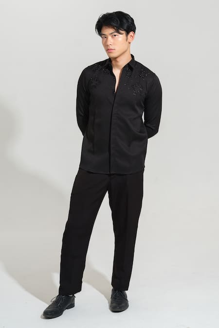 Shop House Of Koa Black Italian Banana Crepe Embroidery Big Star Galaxy Shirt at Aza Fashions Shop_House Of Koa_Black Italian Banana Crepe Embroidery Big Star Galaxy Shirt _at_Aza_Fashions