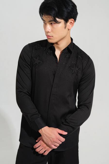 Shop House Of Koa Black Italian Banana Crepe Embroidery Big Star Galaxy Shirt Online at Aza Fashions Shop_House Of Koa_Black Italian Banana Crepe Embroidery Big Star Galaxy Shirt _Online_at_Aza_Fashions