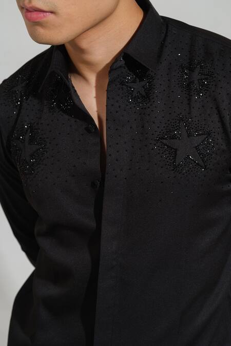 House Of Koa Black Italian Banana Crepe Embroidery Big Star Galaxy Shirt at Aza Fashions House Of Koa_Black Italian Banana Crepe Embroidery Big Star Galaxy Shirt _at_Aza_Fashions