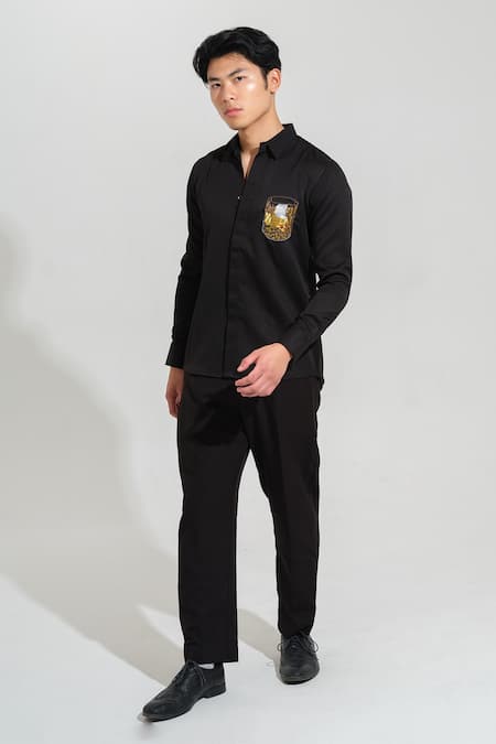 Shop House Of Koa Black Italian Banana Crepe Embroidery Whiskey Shirt at Aza Fashions Shop_House Of Koa_Black Italian Banana Crepe Embroidery Whiskey Shirt _at_Aza_Fashions