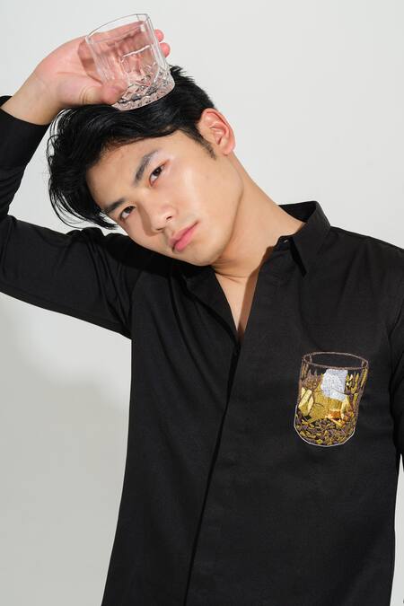 House Of Koa Black Italian Banana Crepe Embroidery Whiskey Shirt Online at Aza Fashions House Of Koa_Black Italian Banana Crepe Embroidery Whiskey Shirt _Online_at_Aza_Fashions