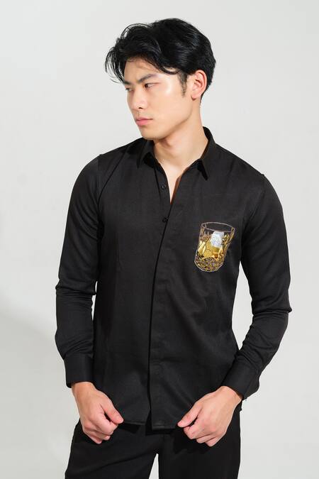 Buy House Of Koa Black Italian Banana Crepe Embroidery Whiskey Shirt Online at Aza Fashions Buy_House Of Koa_Black Italian Banana Crepe Embroidery Whiskey Shirt _Online_at_Aza_Fashions