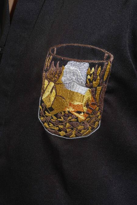 Shop House Of Koa Black Italian Banana Crepe Embroidery Whiskey Shirt Online at Aza Fashions Shop_House Of Koa_Black Italian Banana Crepe Embroidery Whiskey Shirt _Online_at_Aza_Fashions