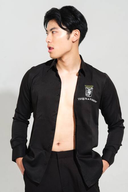 House Of Koa Black Italian Banana Crepe Embroidery Tequila Talking Shirt Online at Aza Fashions House Of Koa_Black Italian Banana Crepe Embroidery Tequila Talking Shirt _Online_at_Aza_Fashions