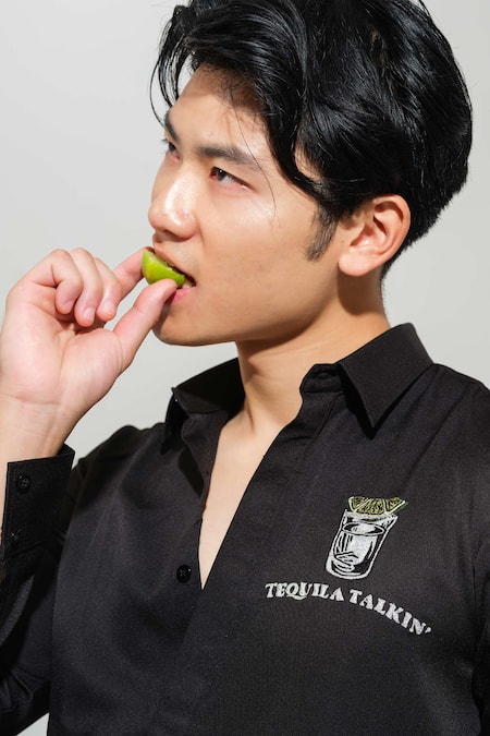 Shop House Of Koa Black Italian Banana Crepe Embroidery Tequila Talking Shirt Online at Aza Fashions Shop_House Of Koa_Black Italian Banana Crepe Embroidery Tequila Talking Shirt _Online_at_Aza_Fashions