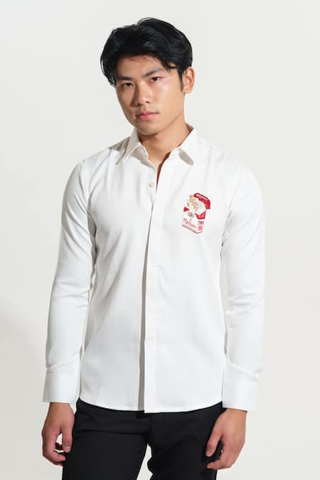 Shop House Of Koa White Italian Banana Crepe Embroidery Marlboro Cigarette Shirt at Aza Fashions Shop_House Of Koa_White Italian Banana Crepe Embroidery Marlboro Cigarette Shirt _at_Aza_Fashions