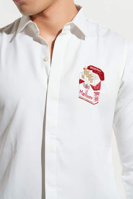 House Of Koa White Italian Banana Crepe Embroidery Marlboro Cigarette Shirt Online at Aza Fashions House Of Koa_White Italian Banana Crepe Embroidery Marlboro Cigarette Shirt _Online_at_Aza_Fashions