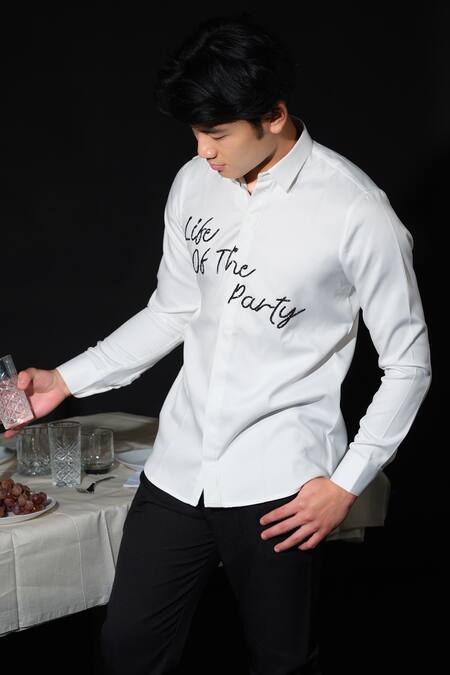 House Of Koa White Italian Banana Crepe Embroidery Life Of The Party Shirt Online at Aza Fashions House Of Koa_White Italian Banana Crepe Embroidery Life Of The Party Shirt _Online_at_Aza_Fashions