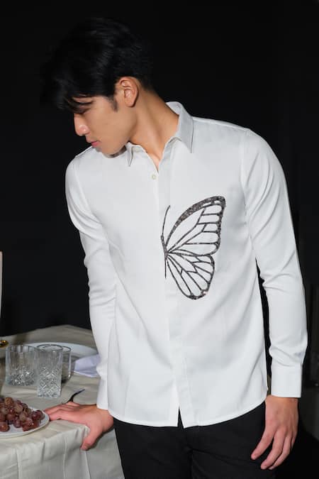 Shop House Of Koa White Italian Banana Crepe Embroidery Butterfly Shirt at Aza Fashions Shop_House Of Koa_White Italian Banana Crepe Embroidery Butterfly Shirt _at_Aza_Fashions