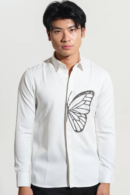 House Of Koa White Italian Banana Crepe Embroidery Butterfly Shirt Online at Aza Fashions House Of Koa_White Italian Banana Crepe Embroidery Butterfly Shirt _Online_at_Aza_Fashions