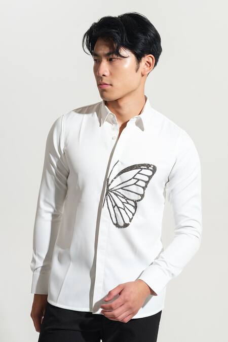 Buy House Of Koa White Italian Banana Crepe Embroidery Butterfly Shirt Online at Aza Fashions Buy_House Of Koa_White Italian Banana Crepe Embroidery Butterfly Shirt _Online_at_Aza_Fashions