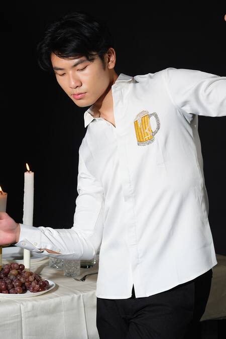 House Of Koa White Italian Banana Crepe Embroidery Beer Shirt Online at Aza Fashions House Of Koa_White Italian Banana Crepe Embroidery Beer Shirt _Online_at_Aza_Fashions