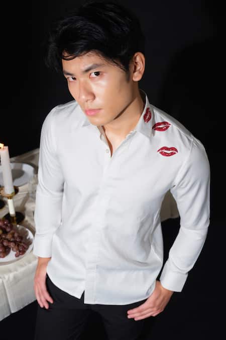 Shop House Of Koa White Italian Banana Crepe Embroidery Lips Shirt at Aza Fashions Shop_House Of Koa_White Italian Banana Crepe Embroidery Lips Shirt _at_Aza_Fashions