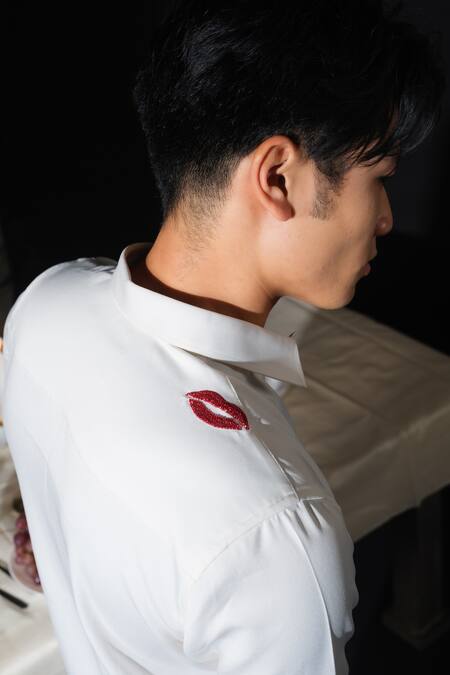 House Of Koa White Italian Banana Crepe Embroidery Lips Shirt Online at Aza Fashions House Of Koa_White Italian Banana Crepe Embroidery Lips Shirt _Online_at_Aza_Fashions