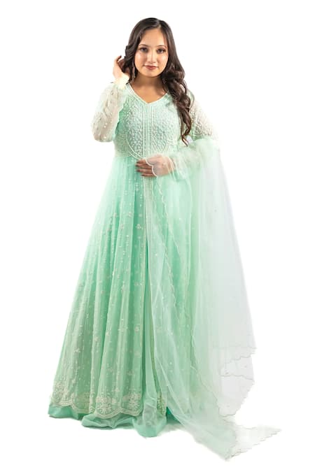 Hasrat By Salma Blue Georgette Net Hand Embroidery Beads V-neck Anarkali With Dupatta 