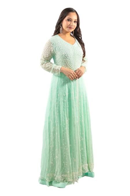 Hasrat By Salma_Blue Georgette, Net Beads, Stones Embroidered Anarkali With Dupatta For Kids_Online_at_Aza_Fashions